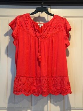 Style & Co. Coral-Red Eyelet Tassel V-Neck Blouse